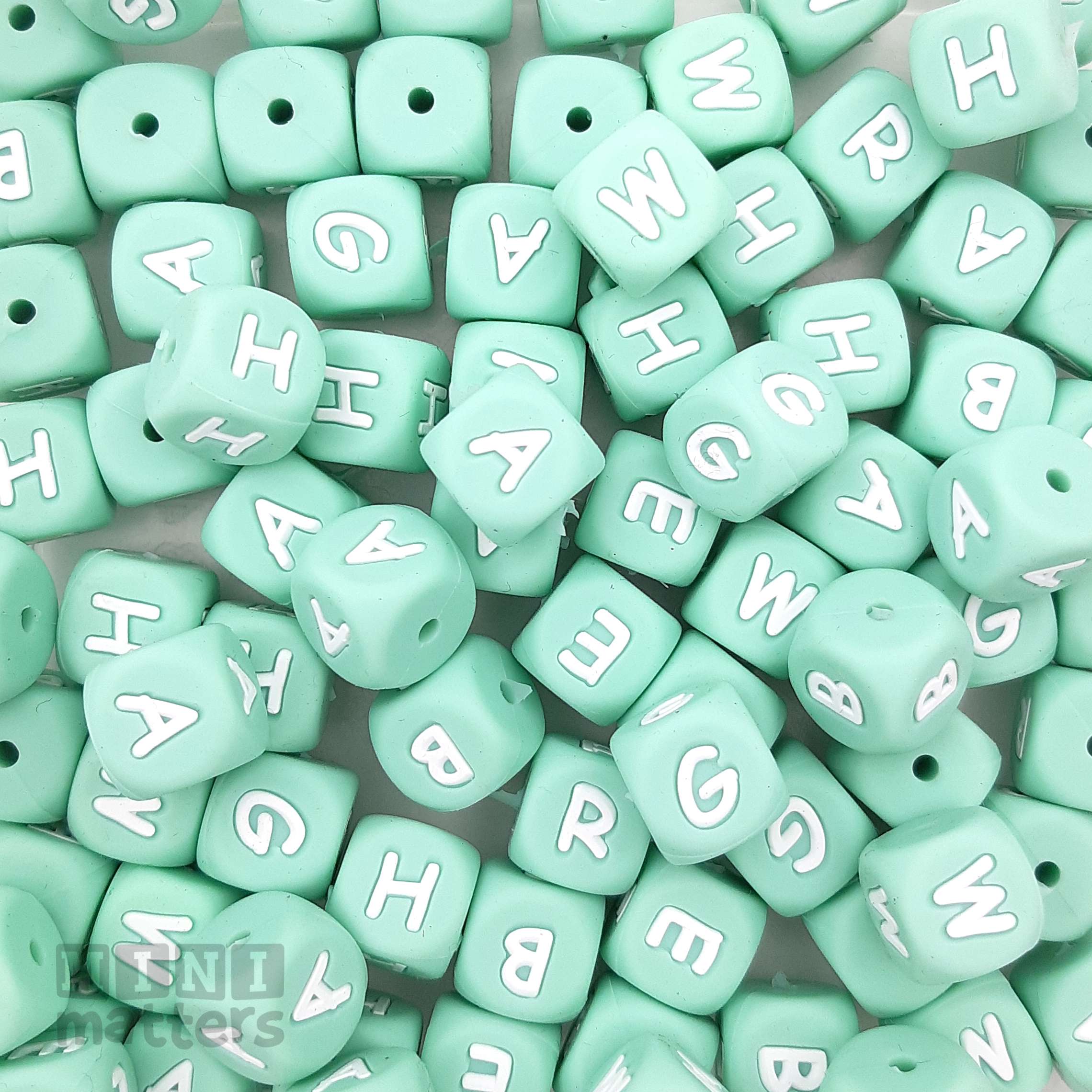 12mm Silicone Letter Beads MINT GREEN Mixed Pack of 50 , Premium Quality ,  Food Grade , Bead Supplies Australia , Alphabets Cube Square 